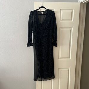 a new day Black Sheer Polka Dot Long Sleeve Midi Dress